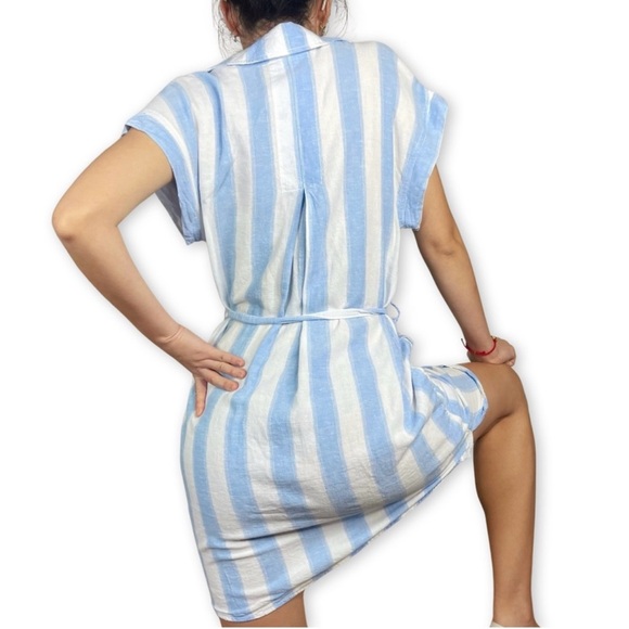 🚨 New Bella Dahl Belted Linen Blend Shirt Dress in Marina Blue Stripe Size M - Picture 4 of 7